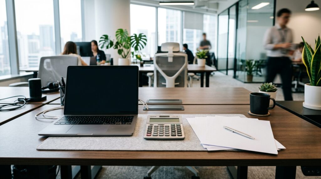 Laptop, calculator and papers on a modern office desk