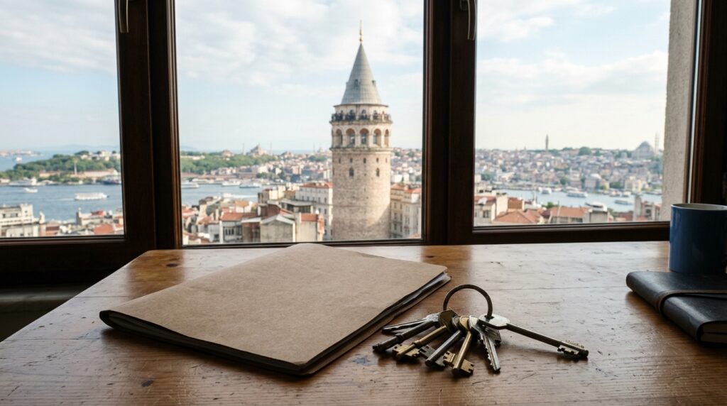 Keys and a closed folder on a desk with Galata Tower outside the window