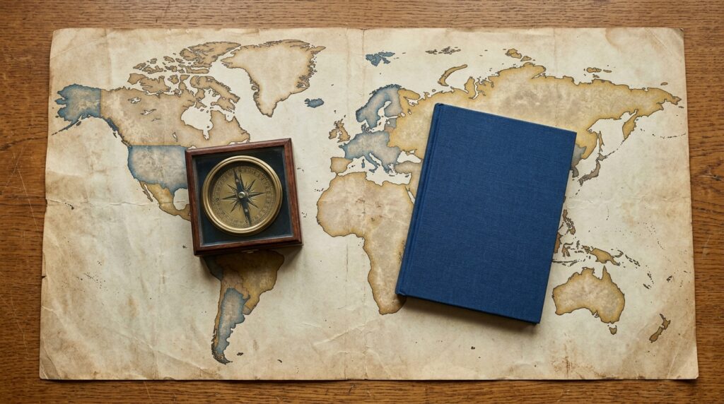 World map with a compass and a plain booklet on a desk