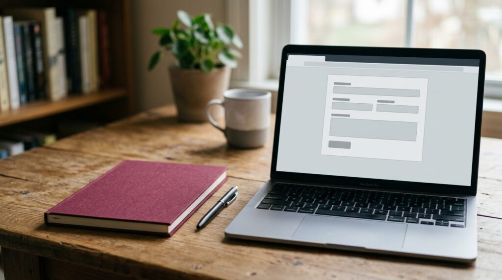 Laptop with an online form next to a plain booklet on a desk