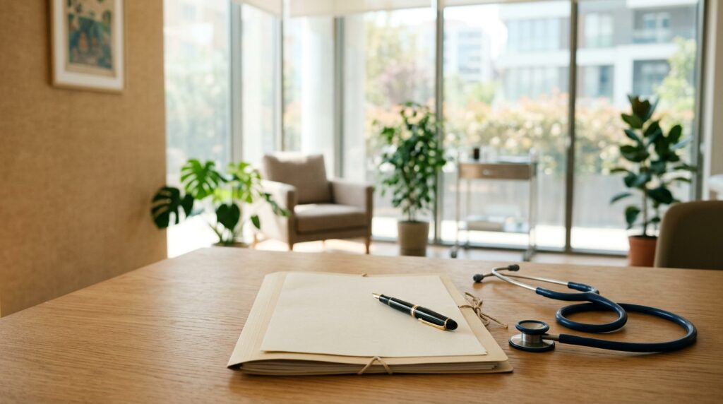 Stethoscope and insurance paperwork on a desk in a bright clinic office