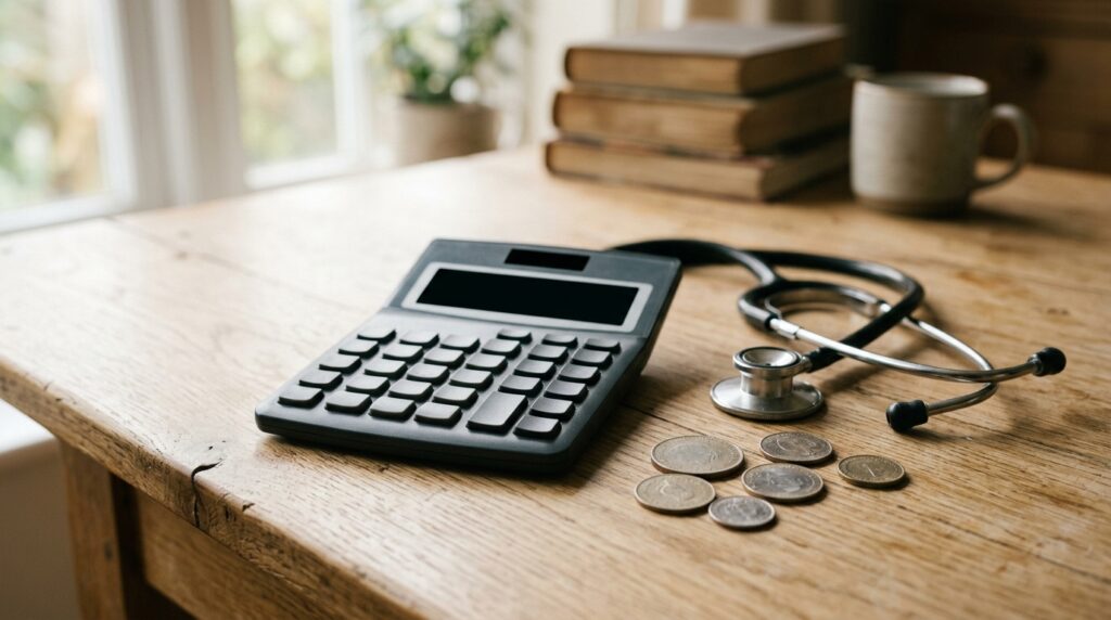 Calculator, stethoscope and coins on a desk