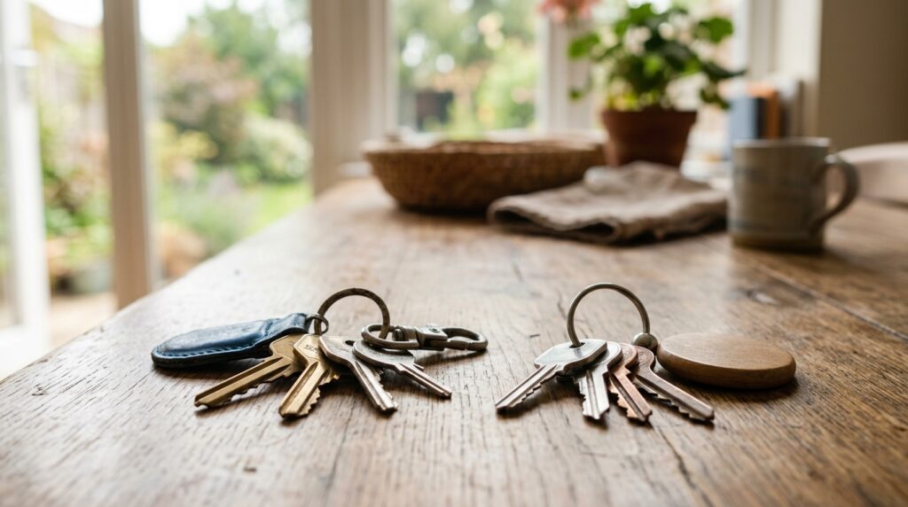 Two sets of house keys on a table