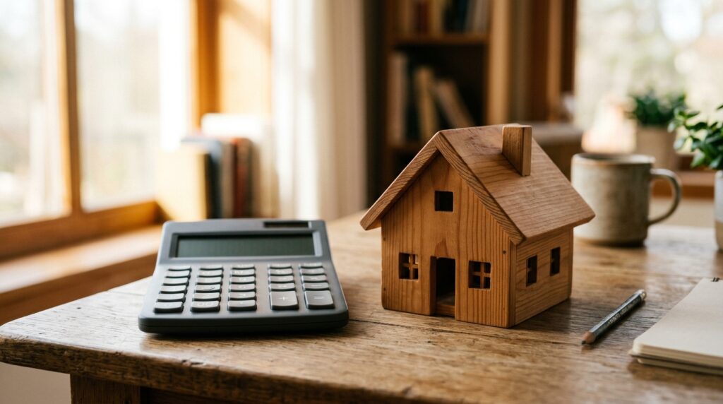 Calculator and a small model house on a desk
