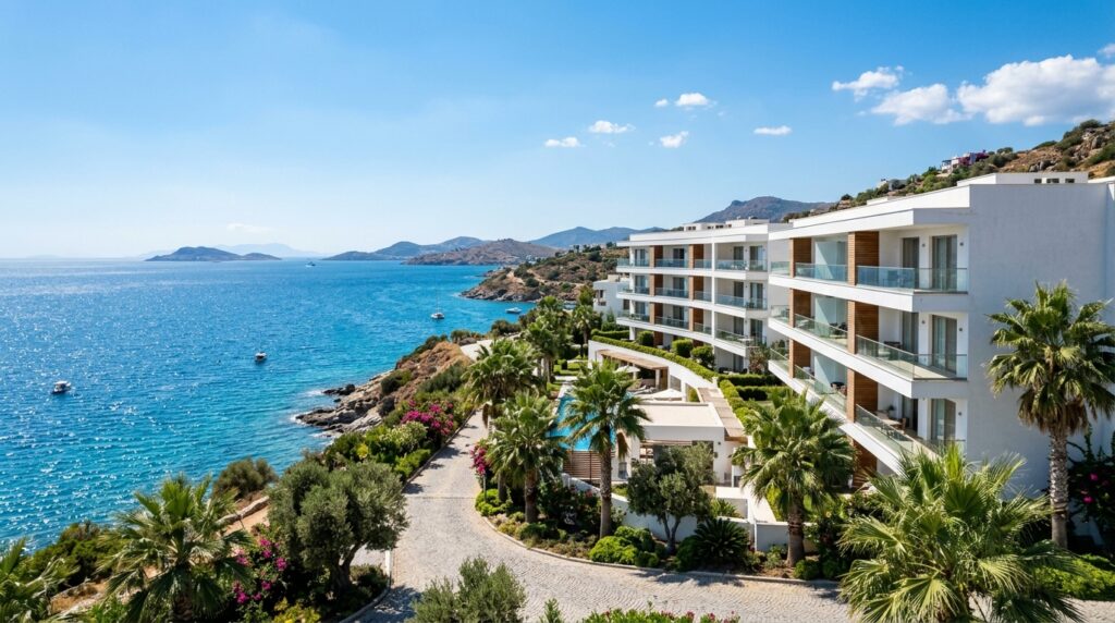 Modern apartment building with balconies on the Aegean coast