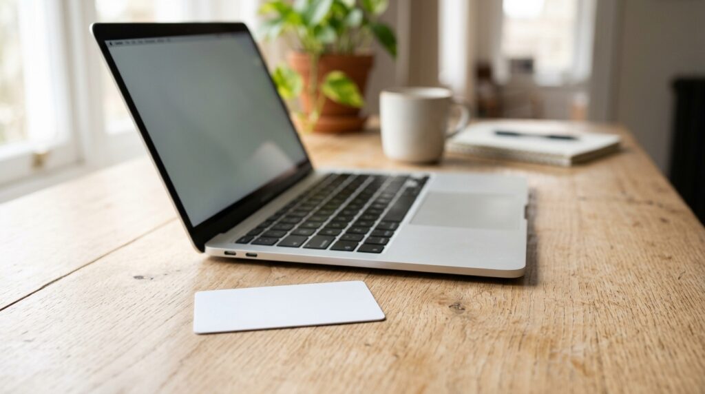 Laptop and a bank card on a desk