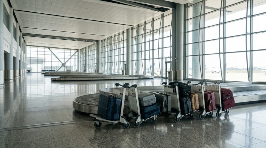 Luggage trolleys in a bright airport arrivals hall