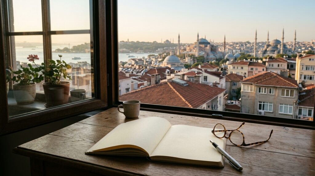 Open notebook, pen and glasses by a window overlooking Istanbul
