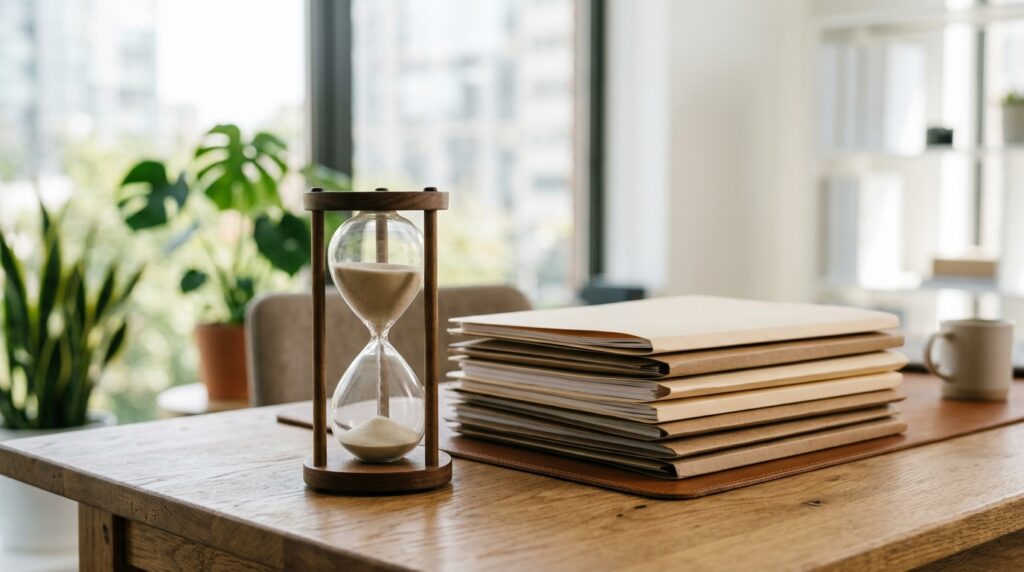 Hourglass next to a stack of folders on an office desk