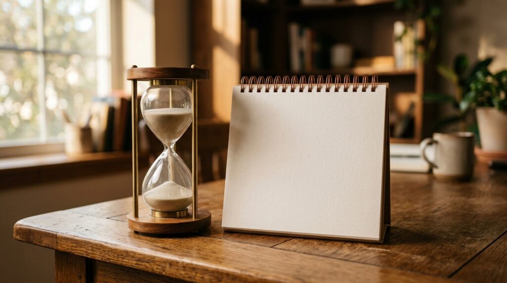 Hourglass and a desk calendar on a wooden desk