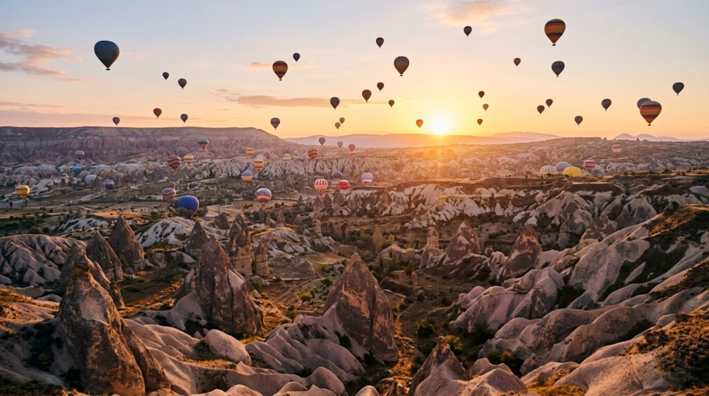 Hot air balloons over Cappadocia at sunrise