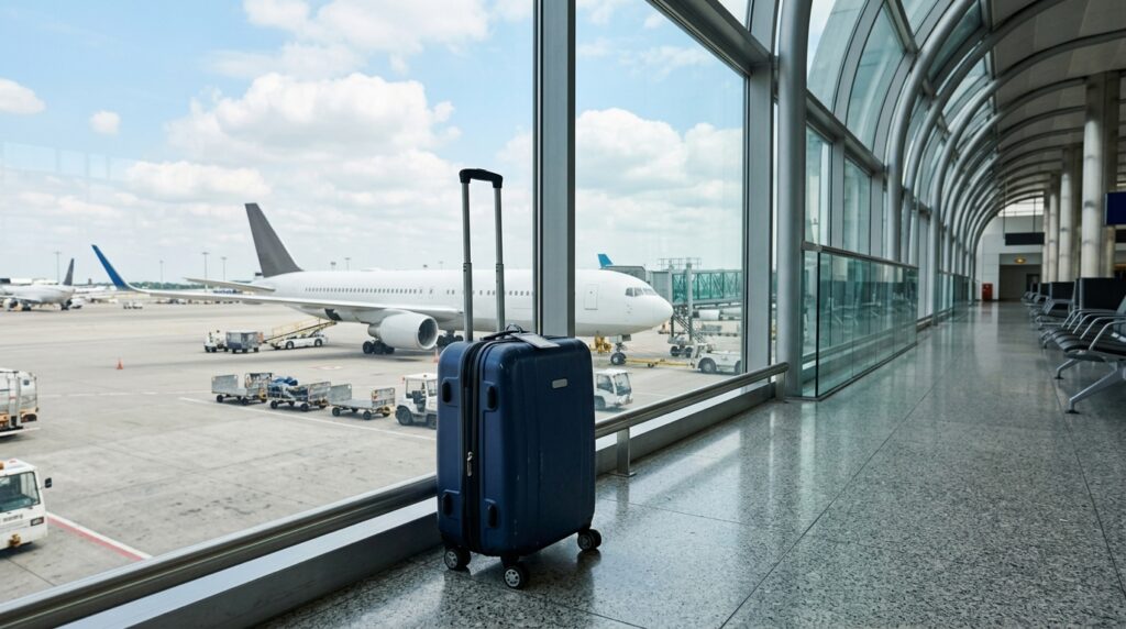 Suitcase by an airport departure hall window with a plane outside