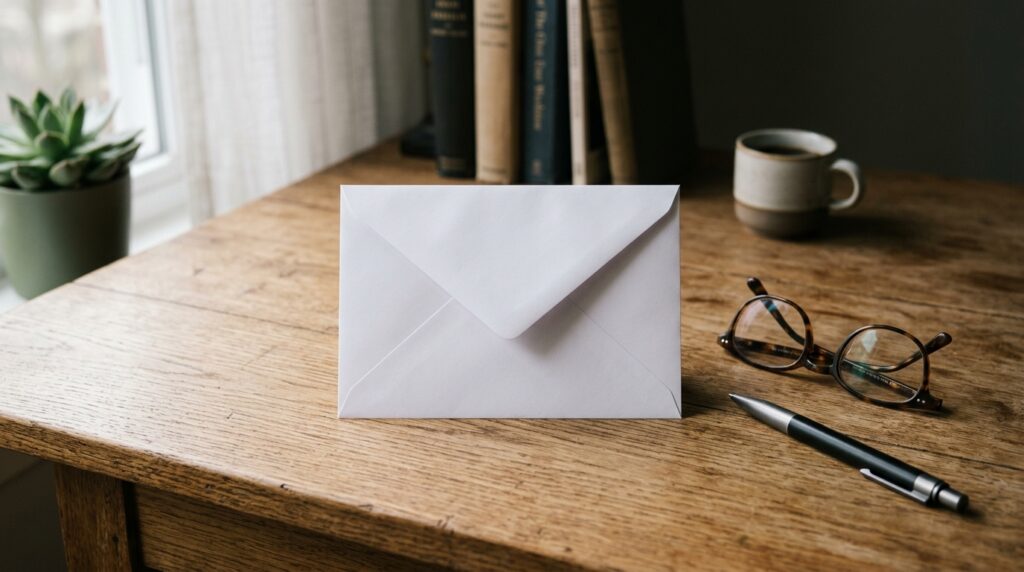 Sealed envelope with a pen and reading glasses on a desk