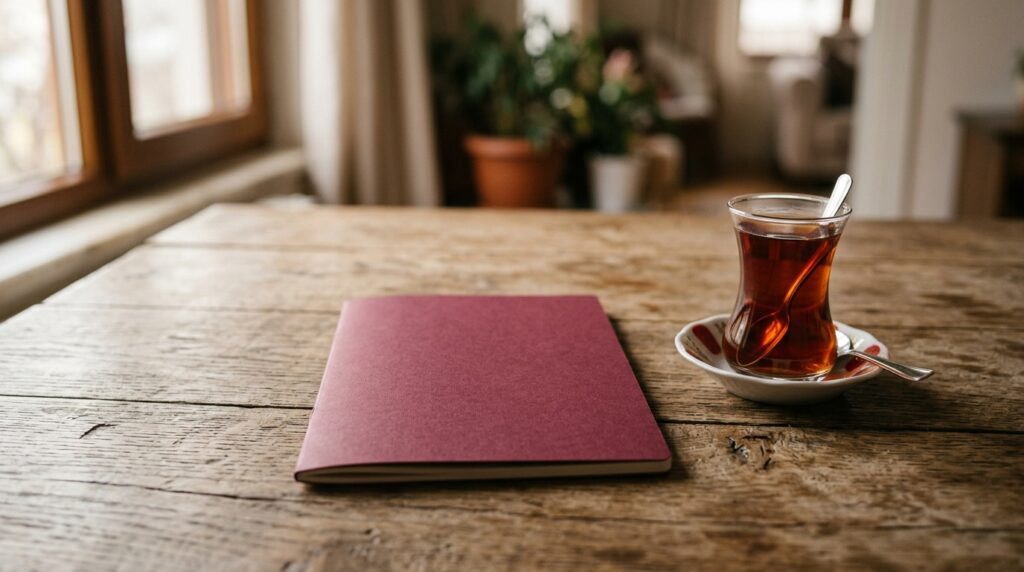 Plain burgundy booklet next to a glass of Turkish tea on a wooden table