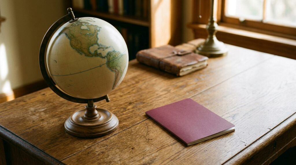 Desk globe beside a plain burgundy booklet